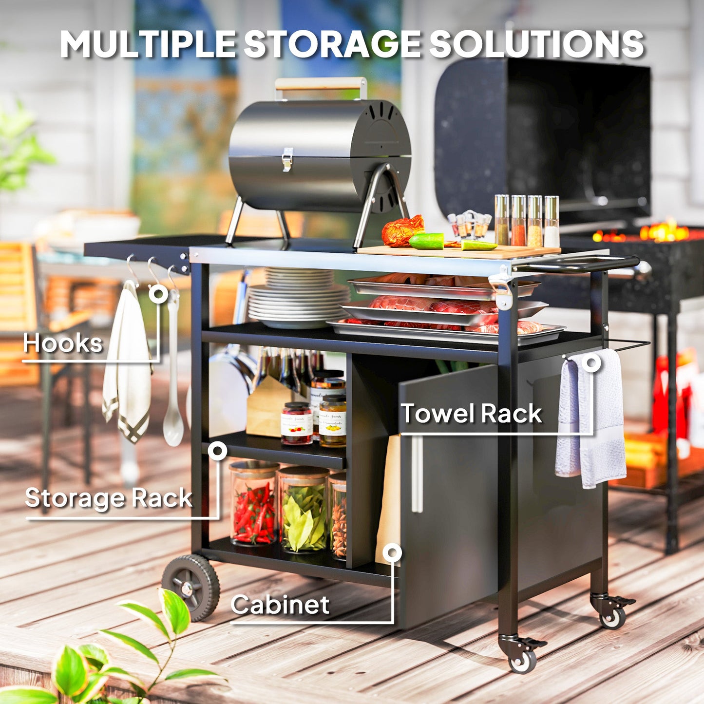 Outdoor BBQ Trolley with Foldable Side Table, Stainless Steel Top, Outdoor Kitchen with Wheels Hooks Shelves Cabinet, Pizza Oven Table Movable Outdoor Grill Dining Cart with Cover, Black
