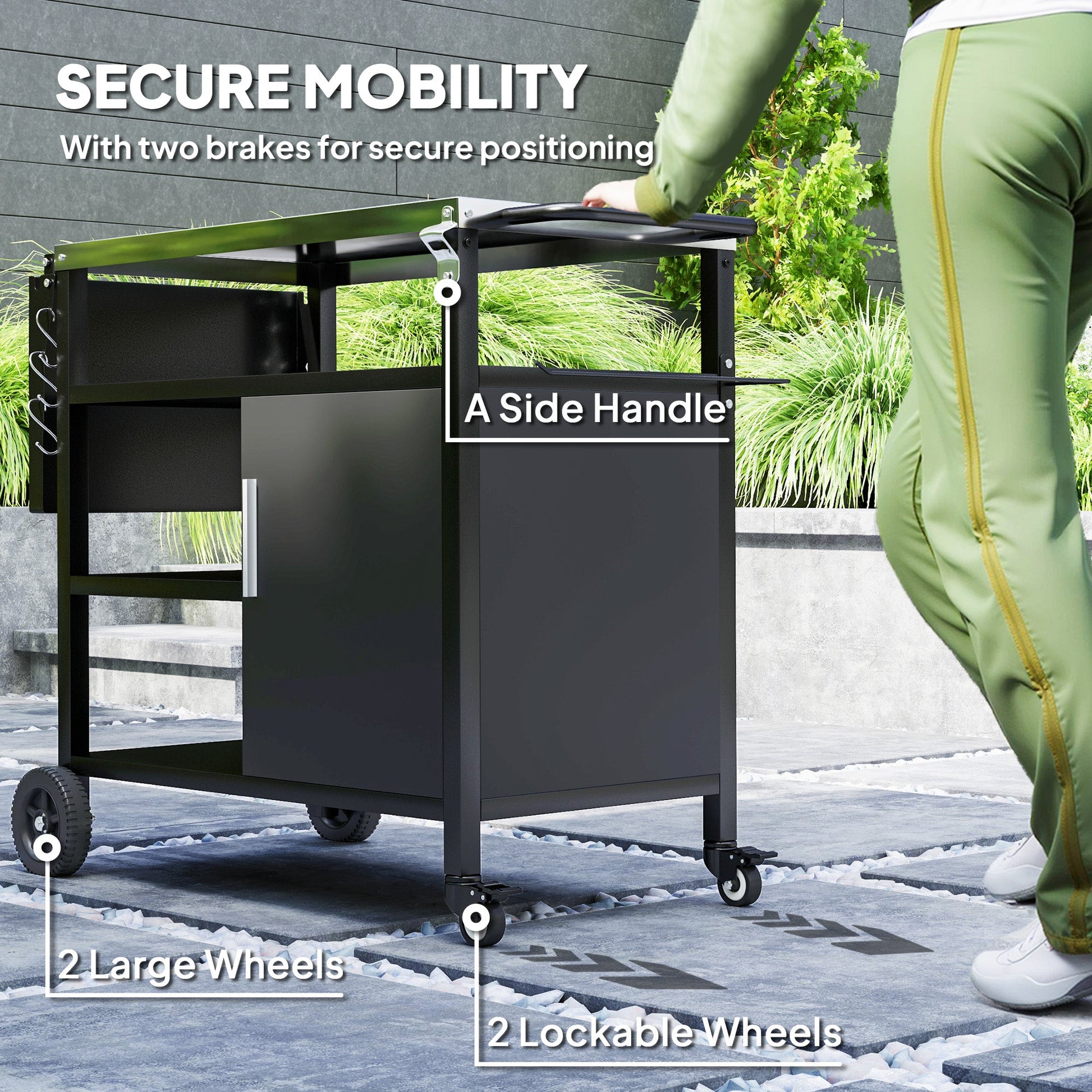 Outdoor BBQ Trolley with Foldable Side Table, Stainless Steel Top, Outdoor Kitchen with Wheels Hooks Shelves Cabinet, Pizza Oven Table Movable Outdoor Grill Dining Cart with Cover, Black