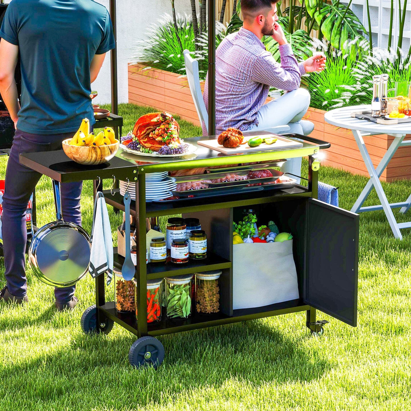 Outdoor BBQ Trolley with Foldable Side Table, Stainless Steel Top, Outdoor Kitchen with Wheels Hooks Shelves Cabinet, Pizza Oven Table Movable Outdoor Grill Dining Cart with Cover, Black