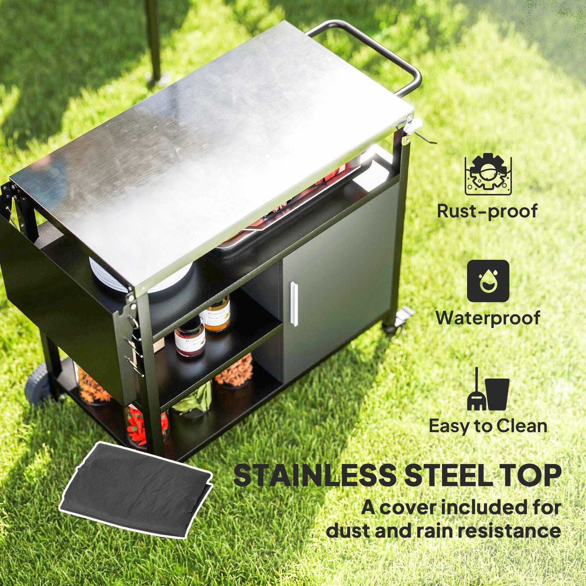 Outdoor BBQ Trolley with Foldable Side Table, Stainless Steel Top, Outdoor Kitchen with Wheels Hooks Shelves Cabinet, Pizza Oven Table Movable Outdoor Grill Dining Cart with Cover, Black