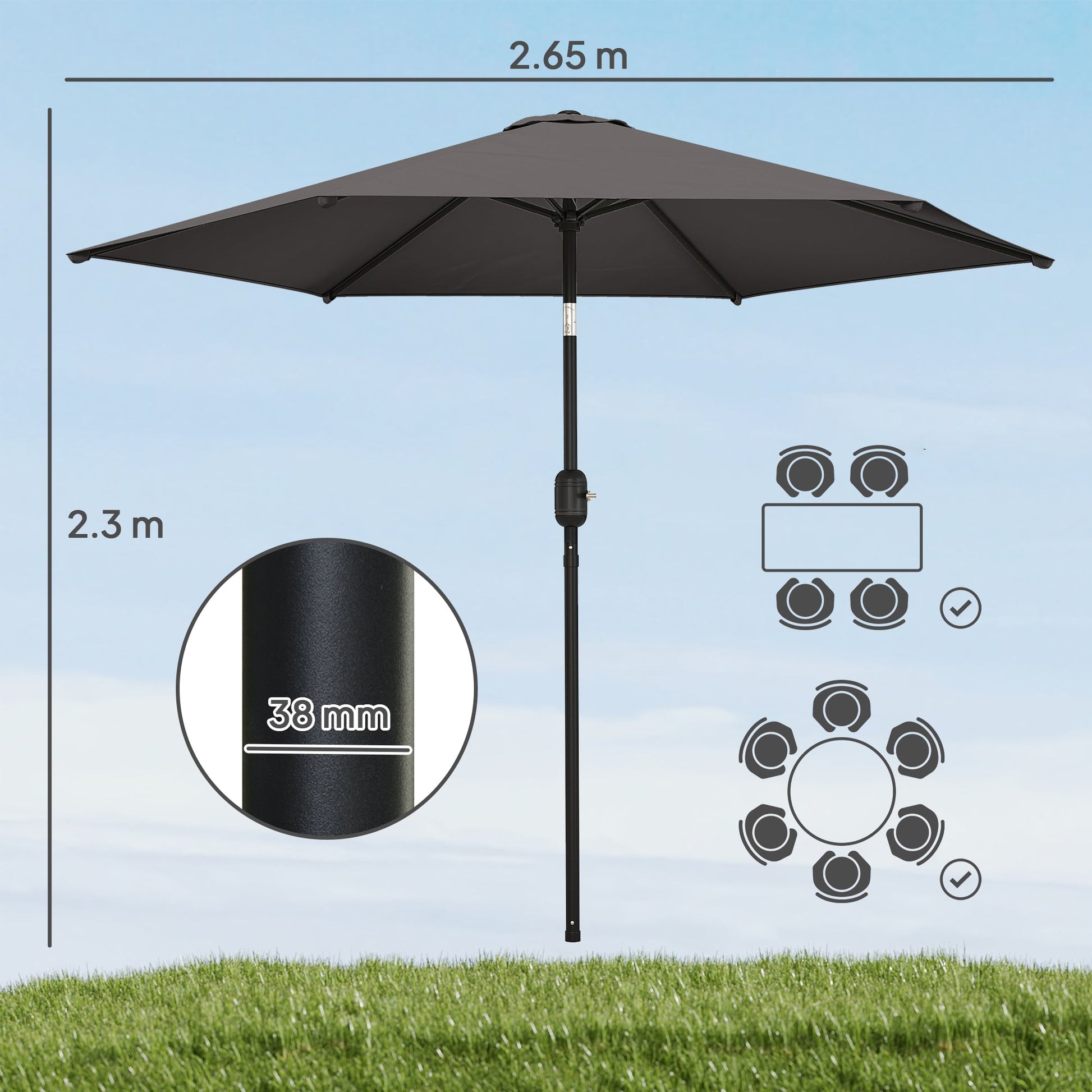 2.6 m Garden Parasol Umbrella with Aluminium Pole, Outdoor Table Market Patio Umbrella Sun Shade with Tilt and Crank, Vent, Black