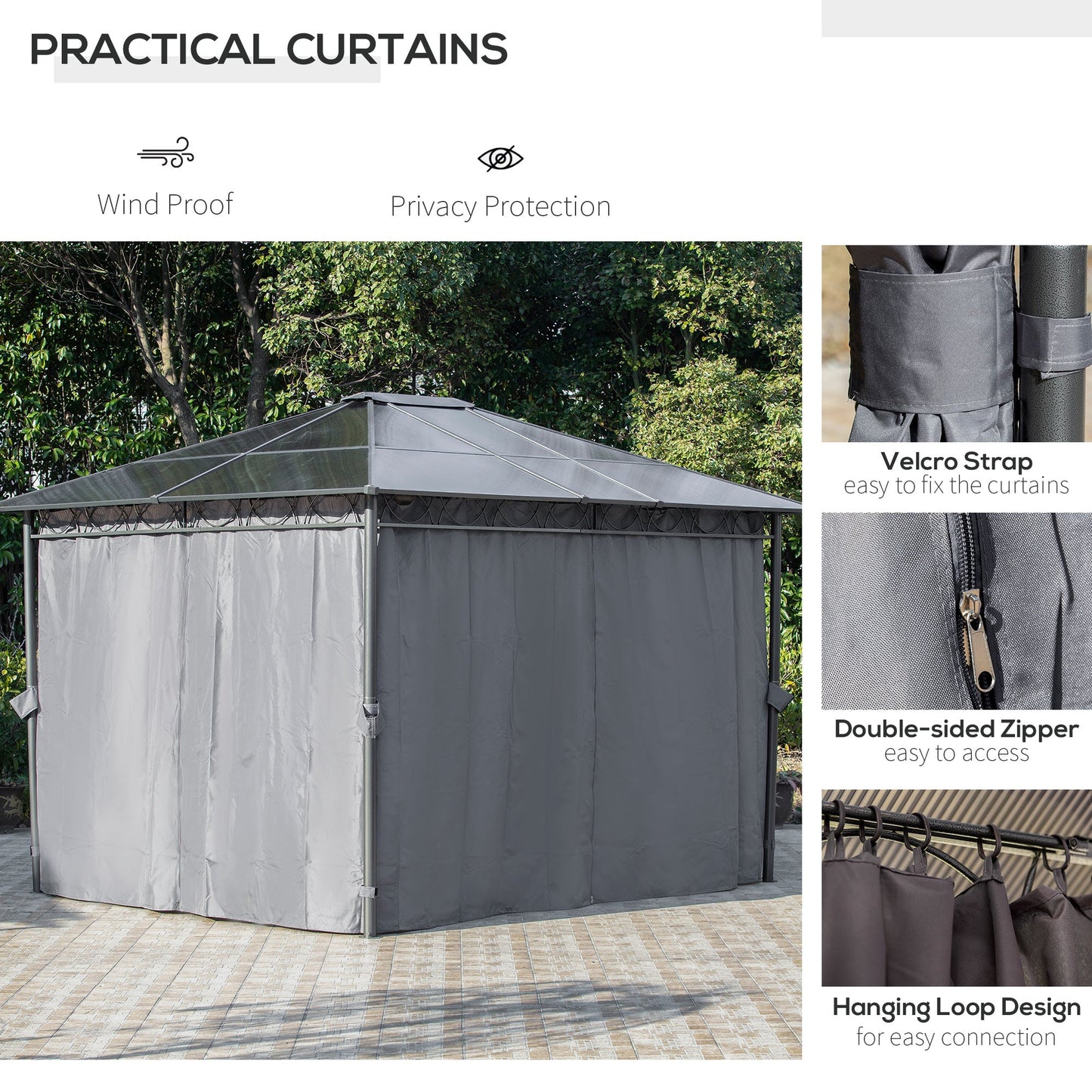 3 x 3.6m Hardtop Gazebo Canopy with Polycarbonate Roof, Permanent Pavilion Garden Gazebo with Curtains for Patio, Deck, Grey
