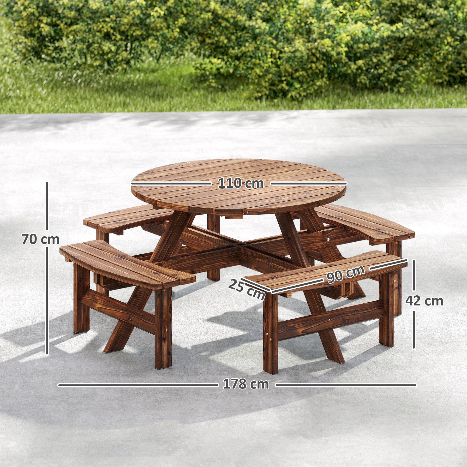 Wooden Garden Dining Set, 8 Seater Round Dining Picnic Table with Matching Bench, Patio Furniture Set with Parasol Hole for Outdoor Garden Patio Party and Family Gatherings, Tan