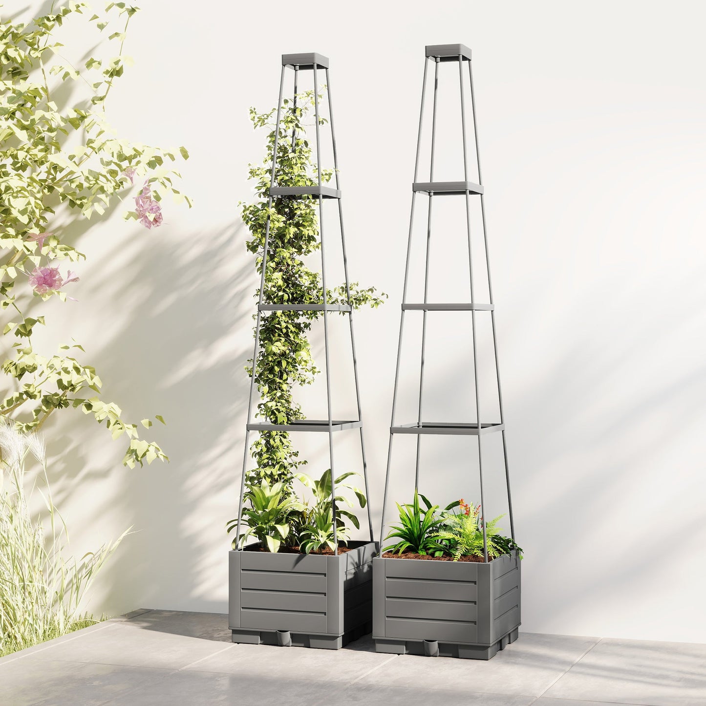 2 Pack Raised Garden Bed with Trellis, Plastic Outdoor Planter Box with Removable Drainage Tray, Tomato Cage for Climbing Plants, Vegetables, Flowers, 28 x 28 x 140 cm