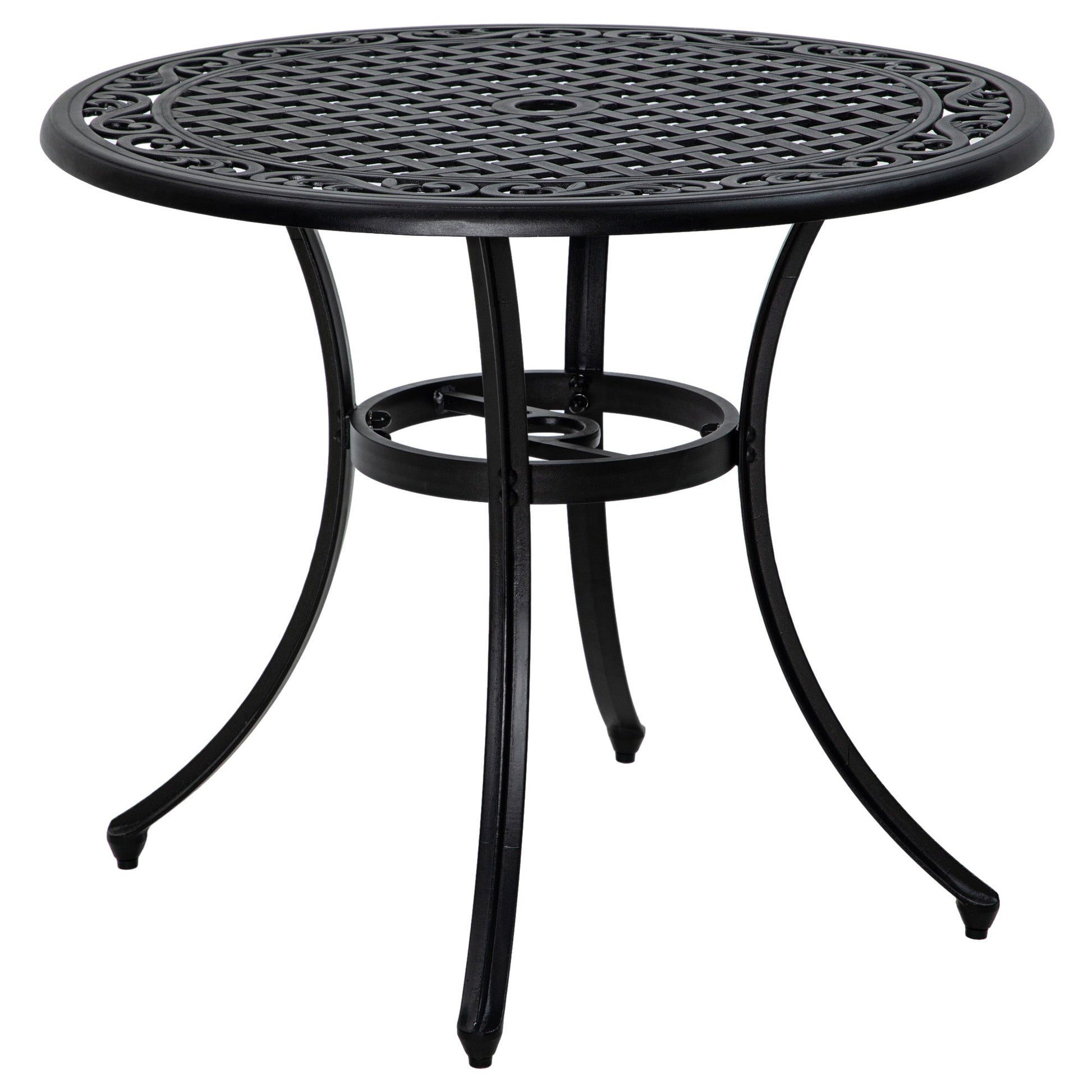 Garden Table with Parasol Hole, 90cm Round Outdoor Dining Table for 2-4, Cast Aluminium Bistro Coffee Table for Balcony - Black