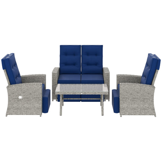 4 Piece Rattan Garden Furniture Set with Adjustable Backrest, Wicker Outdoor Furniture Sofa Set with Loveseat, Reclining Armchairs, Thickened Cushions and Glass Top Table, Navy Blue