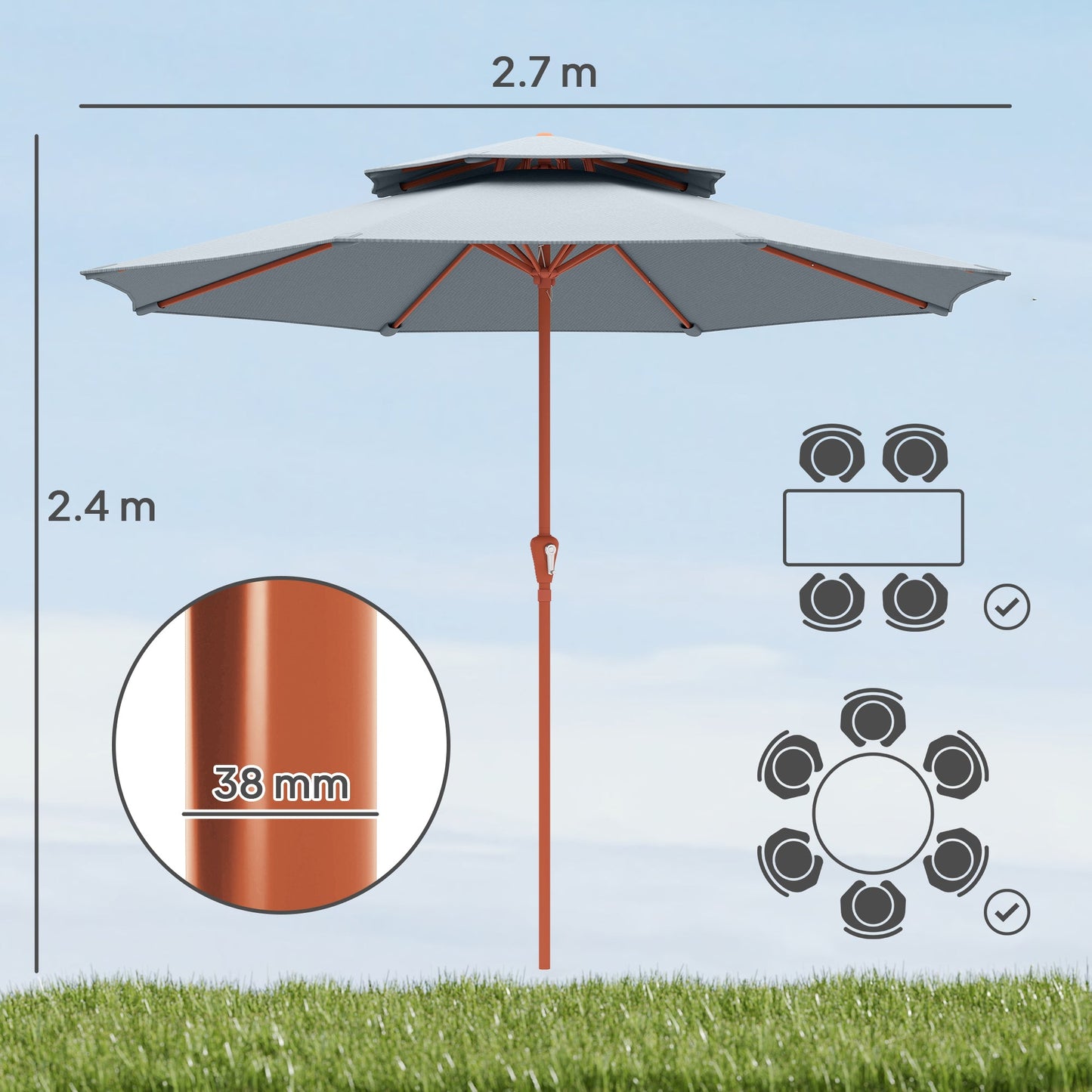Patio Umbrella with Crank, Double Top Outdoor Market Table Umbrella for Garden, Patio,104'' x 104'', Light Grey