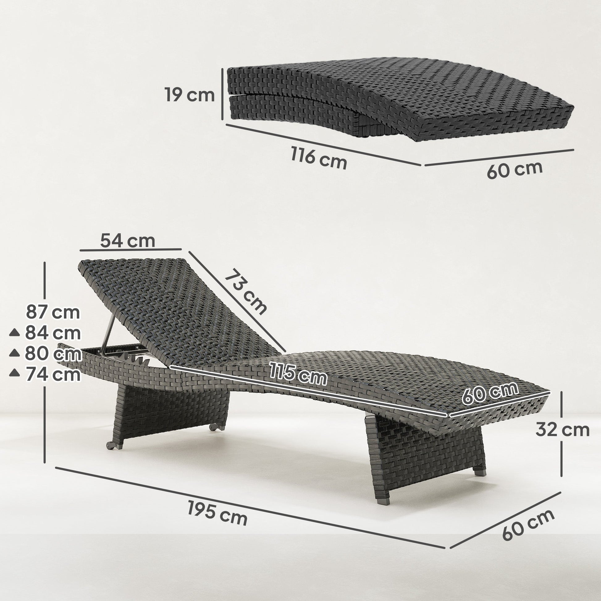 Outdoor PE Rattan Sun Lounger, Folding Wicker Garden Lounger Recliner with 4-Level Adjustable Backrest, Rolling Sunbed Lounge Chair with Wheels, Non-Slip Legs for Balcony, Beach, Black