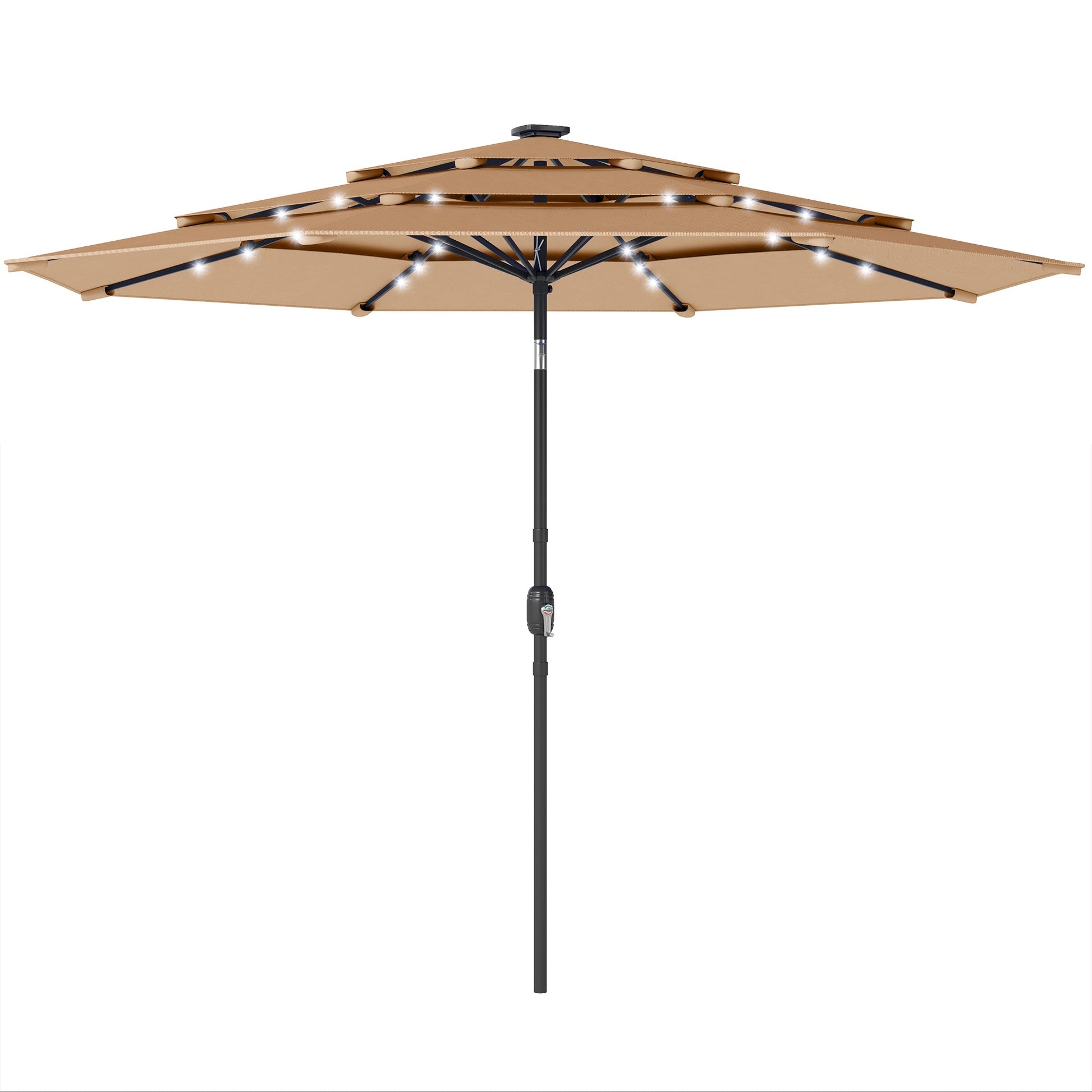 2.8 m Garden Parasol Umbrella with LED Solar Light, Parasol Cover, 3 Tier Outdoor Table Market Patio Umbrella Sun Shade with Tilt and Crank, 8 Ribs, Khaki