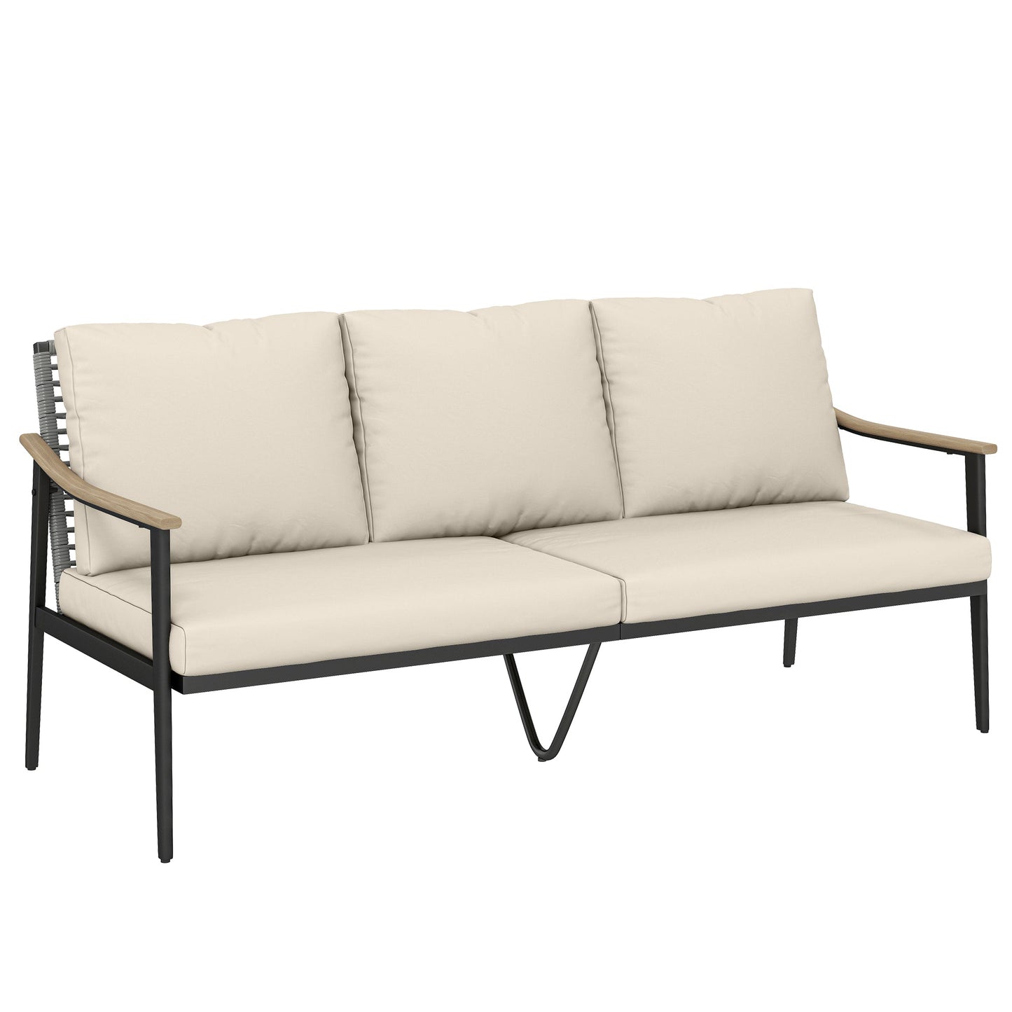 3 Seater Rattan Sofa, Outdoor Garden Sofa with Wood-Effect Armrests, PE Rattan Garden Furniture with Cushions, Steel Frame for Porch, Patio, Balcony, Khaki