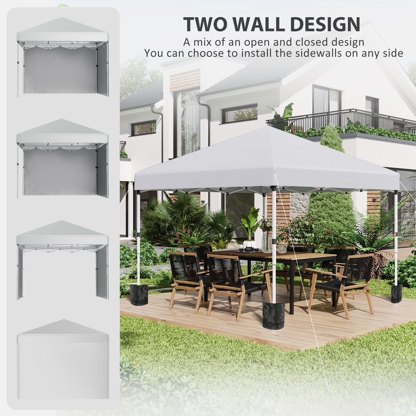3 x 3 (M) Pop Up Gazebo, UPF 30+ with 2 Sidewalls, Leg Weight Bags and Wheeled Bag, Height Adjustable Party Tent Event Shelter for Garden, Patio, White