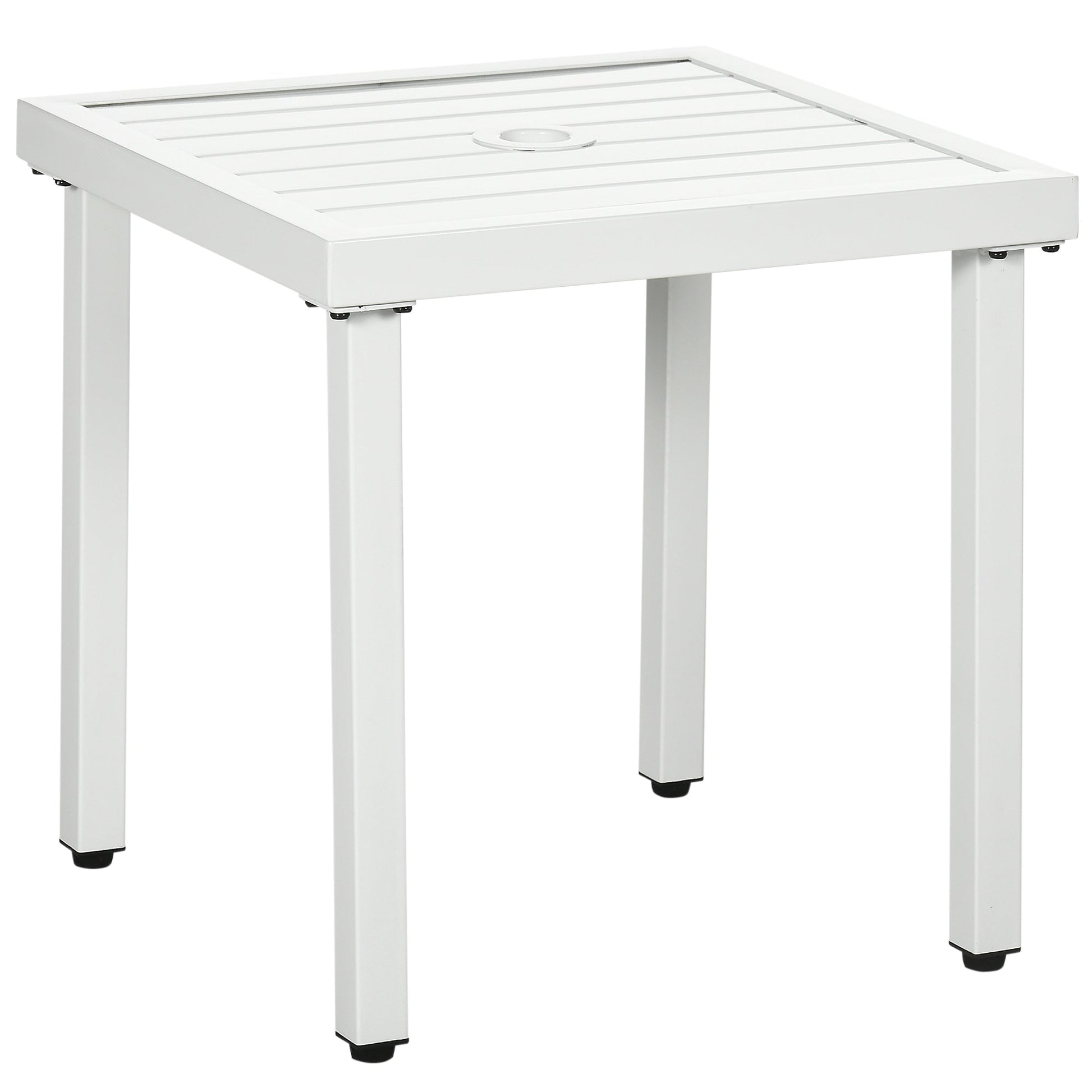 Garden Side Table, 51x51cm Square Patio Coffee Table with Umbrella Hole, End Table with Steel Frame for Balcony, White