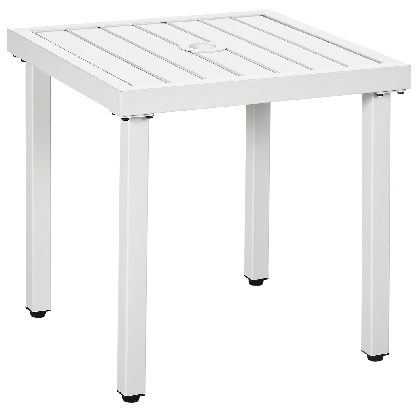 Garden Side Table, 51x51cm Square Patio Coffee Table with Umbrella Hole, End Table with Steel Frame for Balcony, White