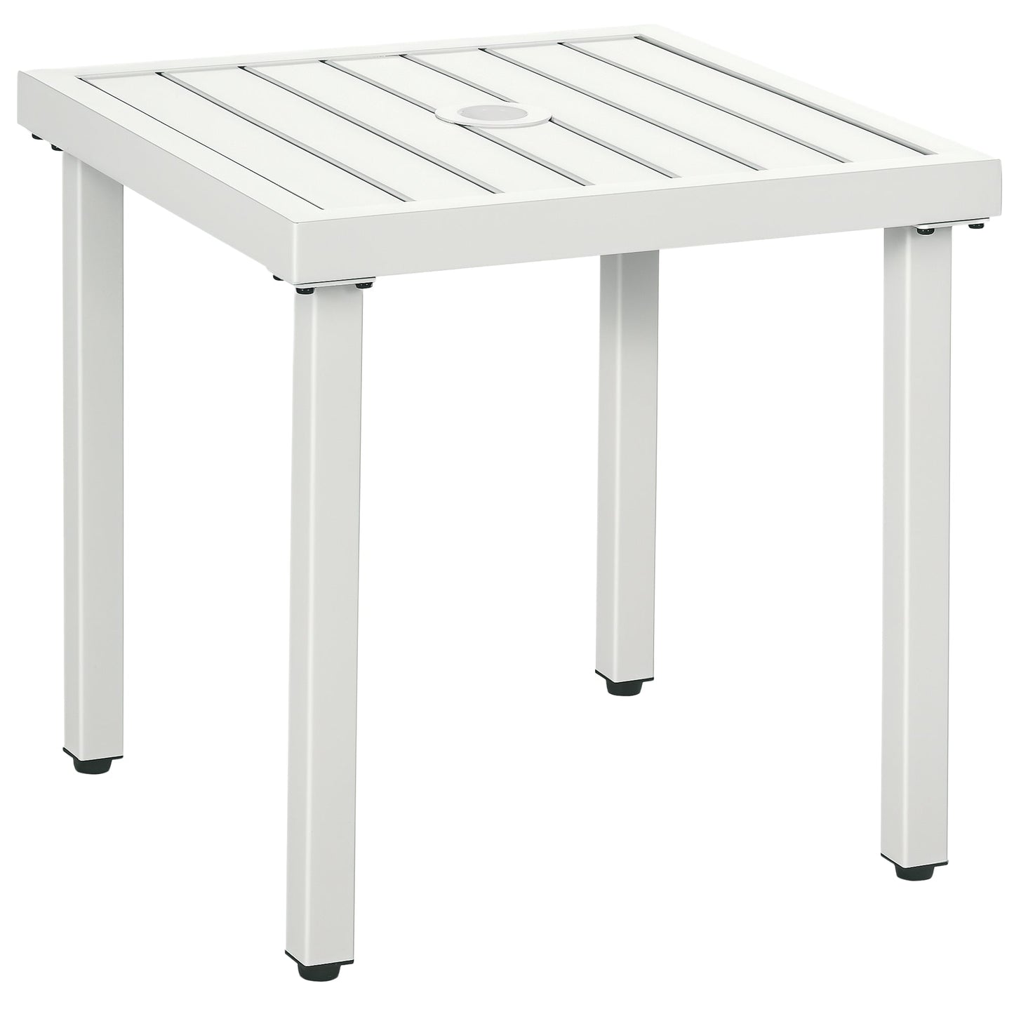 Garden Side Table, 51x51cm Square Patio Coffee Table with Umbrella Hole, End Table with Steel Frame for Balcony, White