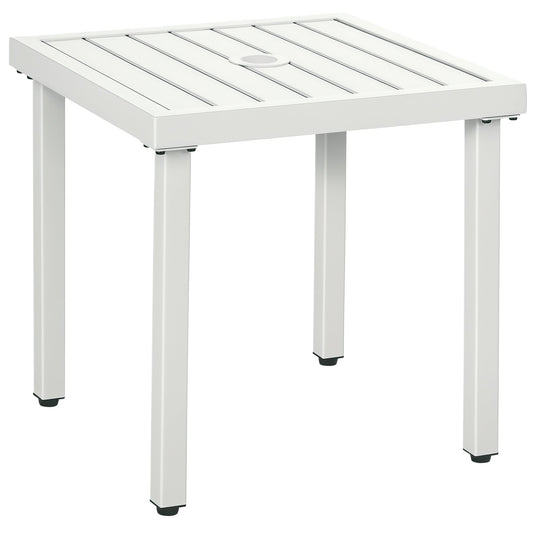 Garden Side Table, 51x51cm Square Patio Coffee Table with Umbrella Hole, End Table with Steel Frame for Balcony, White