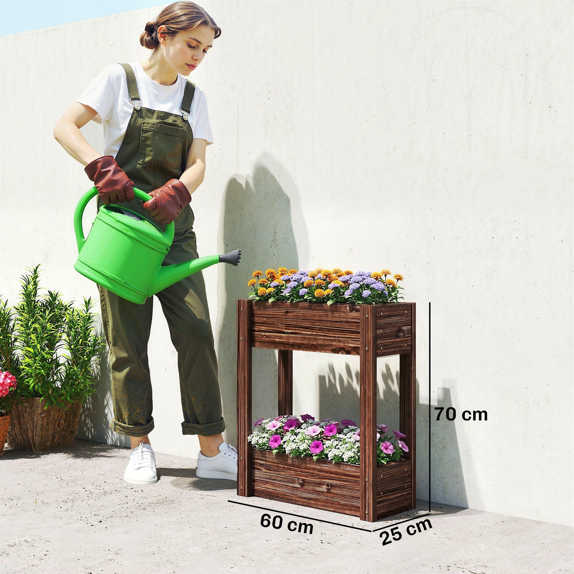 2-Tier Wooden Raised Planter, Raised Garden Bed on Legs with Drainage Holes and Bed Liner, Outdoor Elevated Garden Planter for Vegetables, Herbs, Flowers, 60 x 25 x 70 cm