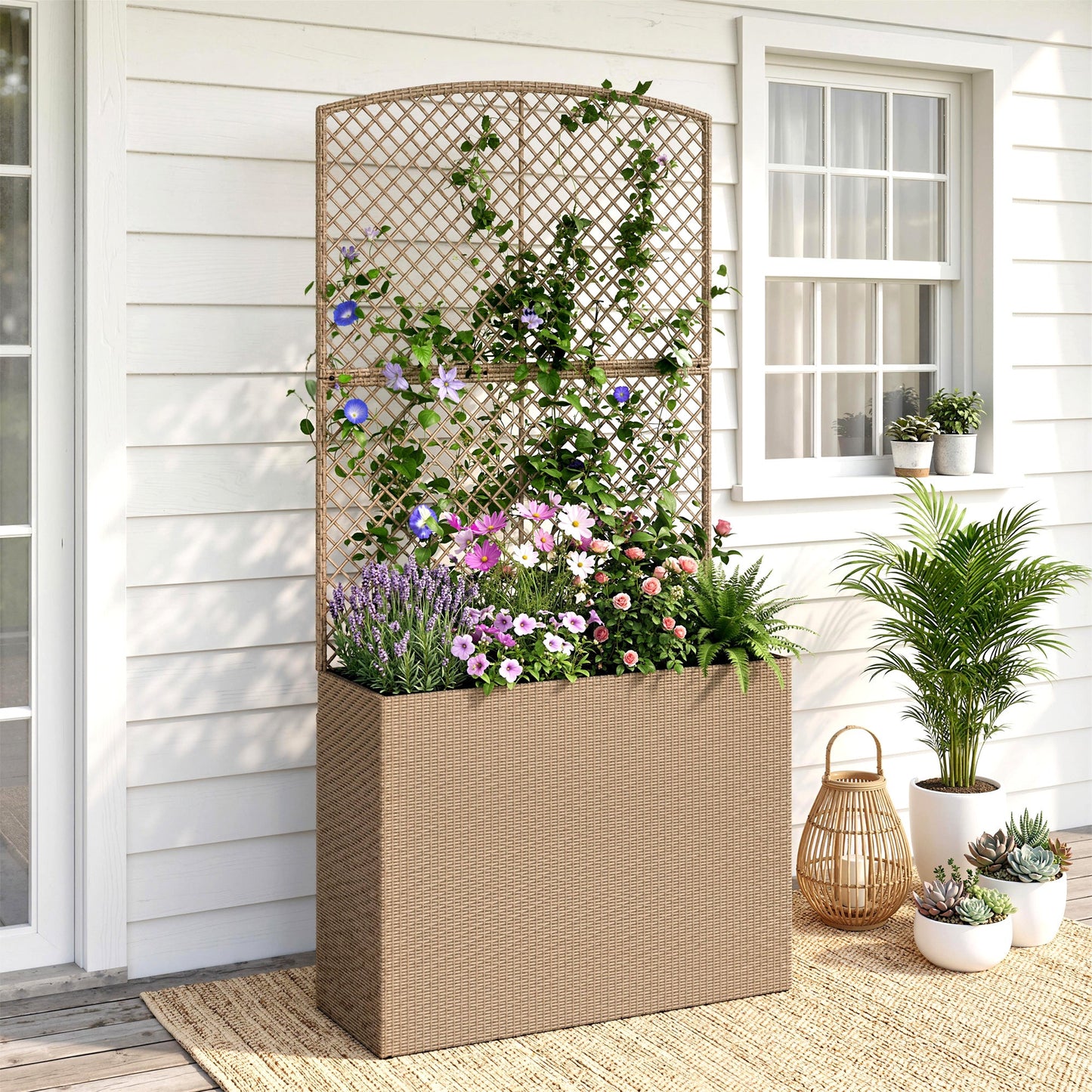 Garden Planter with Trellis, Rattan Raised Beds for Garden with Liner, Freestanding Outdoor Planter Box for Climbing Plants, Herbs, Vegetables, Flowers, 80 x 30 x 163 cm, Light Grey
