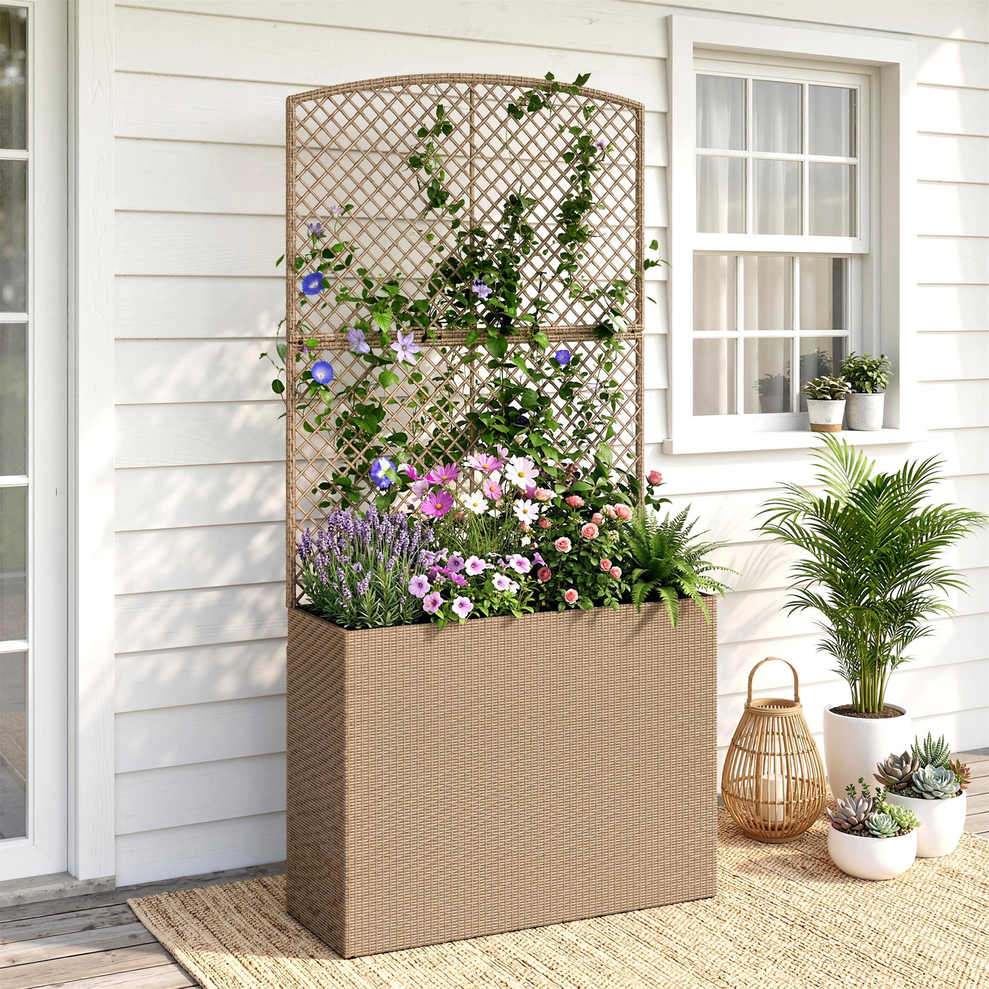 Garden Planter with Trellis, Rattan Raised Beds for Garden with Liner, Freestanding Outdoor Planter Box for Climbing Plants, Herbs, Vegetables, Flowers, 80 x 30 x 163 cm, Light Grey