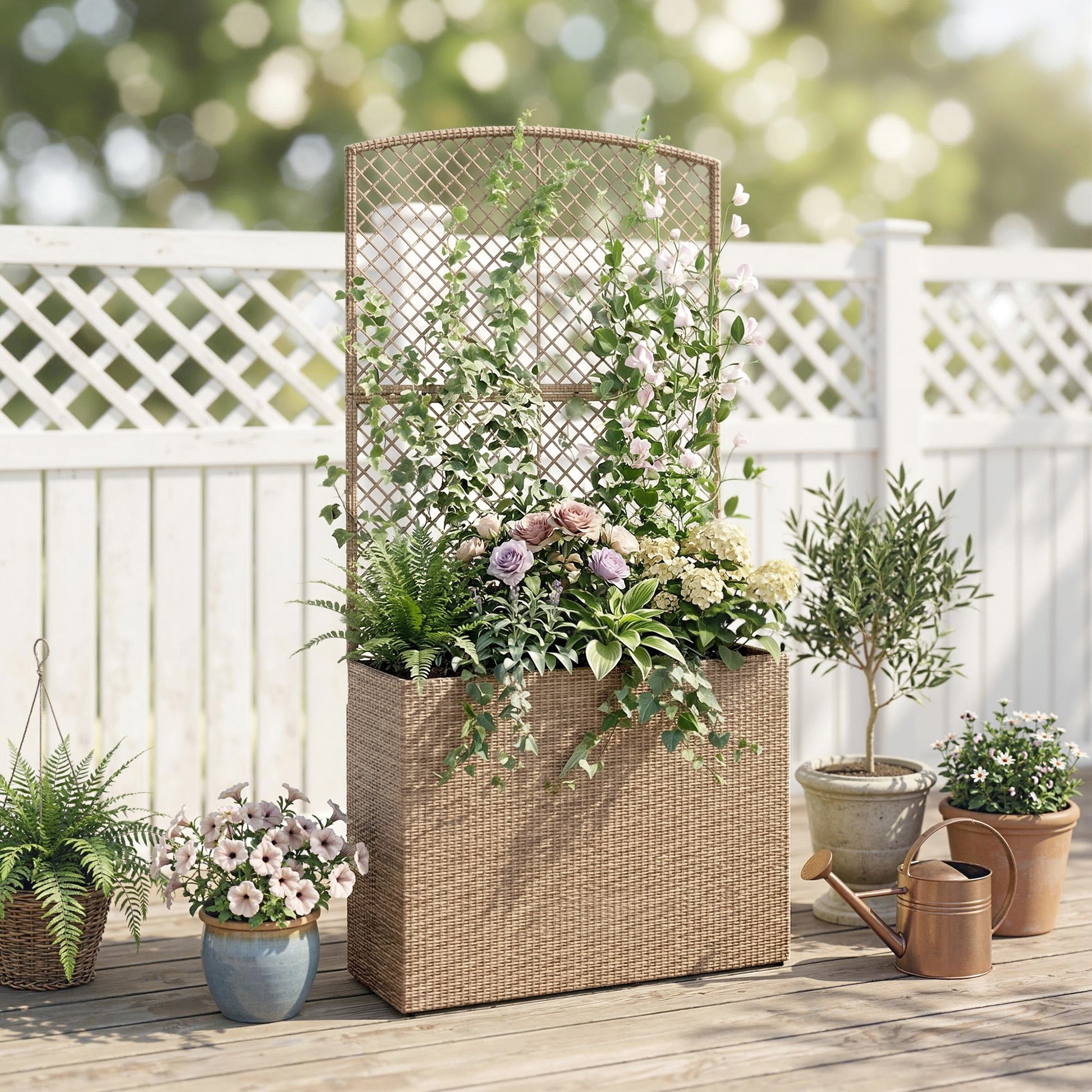 Garden Planter with Trellis, Rattan Raised Beds for Garden with Liner, Freestanding Outdoor Planter Box for Climbing Plants, Herbs, Vegetables, Flowers, 80 x 30 x 163 cm, Light Grey