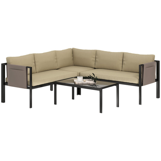 5 Seater Garden Corner Sofa Set, 4 Pieces Metal Garden Furniture Set with Loveseats, Glass Top Coffee Table, Breathable Mesh Pocket, Outdoor Conversation Furniture with Cushions, Khaki