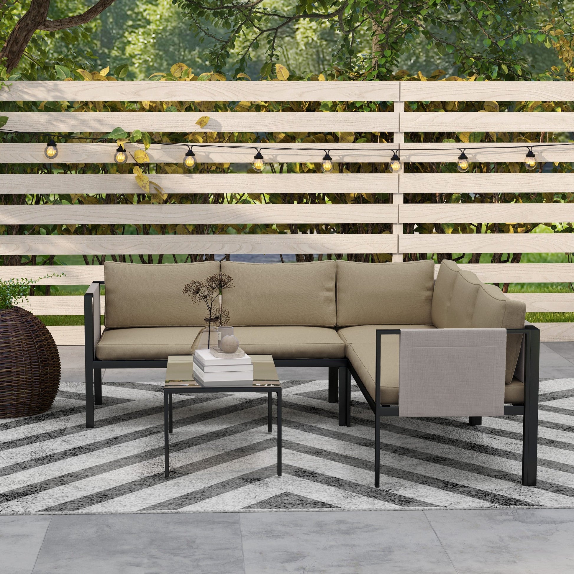 5 Seater Garden Corner Sofa Set, 4 Pieces Metal Garden Furniture Set with Loveseats, Glass Top Coffee Table, Breathable Mesh Pocket, Outdoor Conversation Furniture with Cushions, Khaki