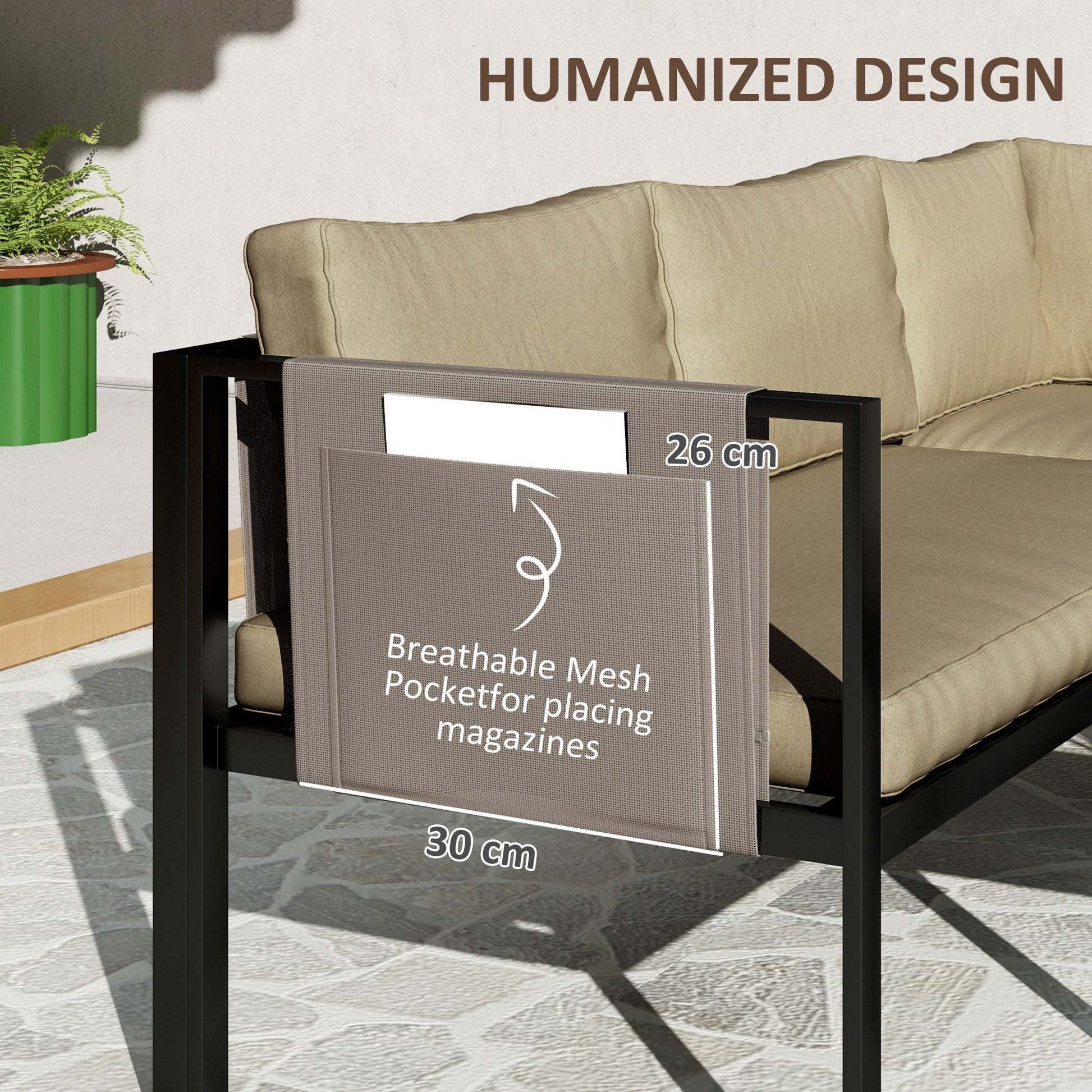 5 Seater Garden Corner Sofa Set, 4 Pieces Metal Garden Furniture Set with Loveseats, Glass Top Coffee Table, Breathable Mesh Pocket, Outdoor Conversation Furniture with Cushions, Khaki