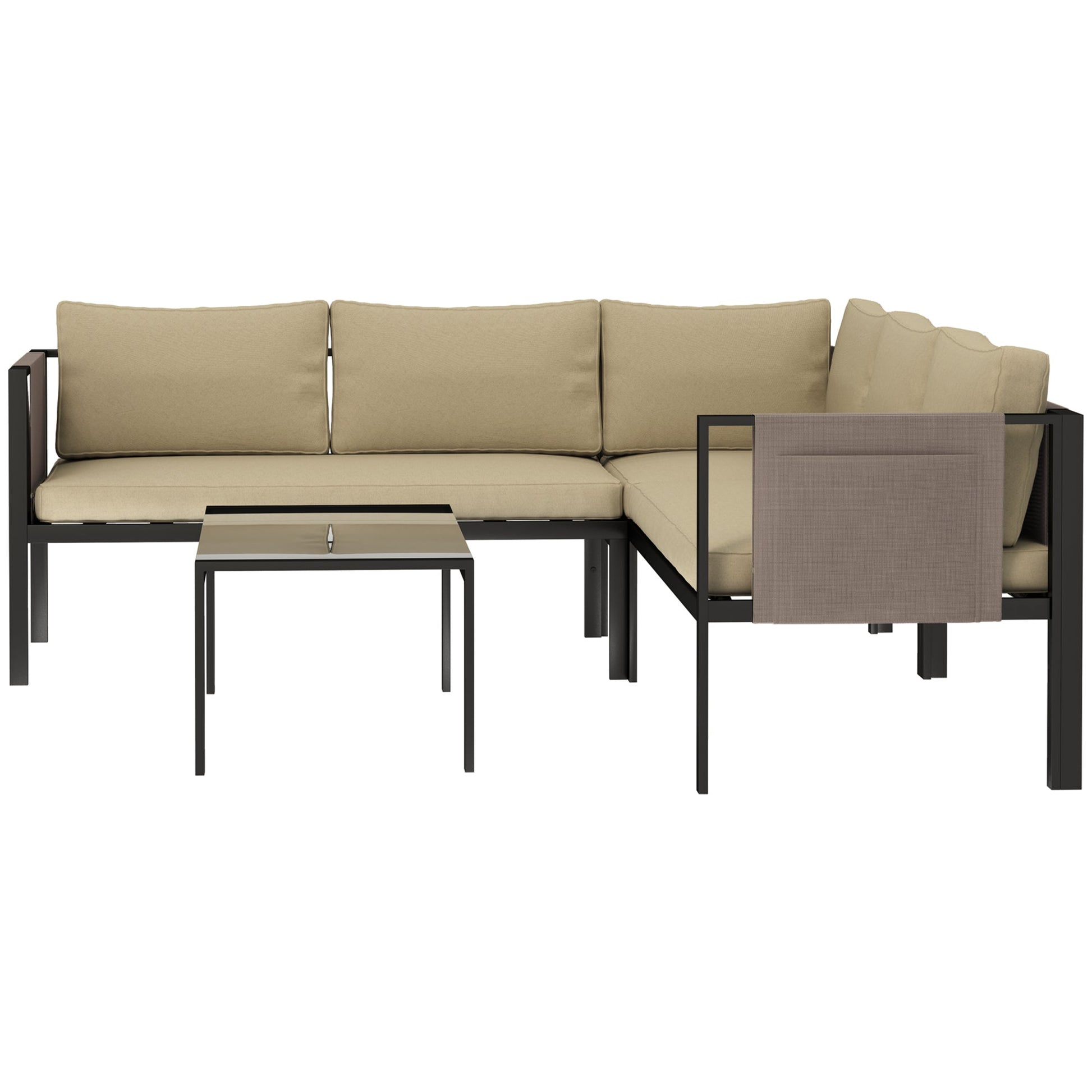 5 Seater Garden Corner Sofa Set, 4 Pieces Metal Garden Furniture Set with Loveseats, Glass Top Coffee Table, Breathable Mesh Pocket, Outdoor Conversation Furniture with Cushions, Khaki