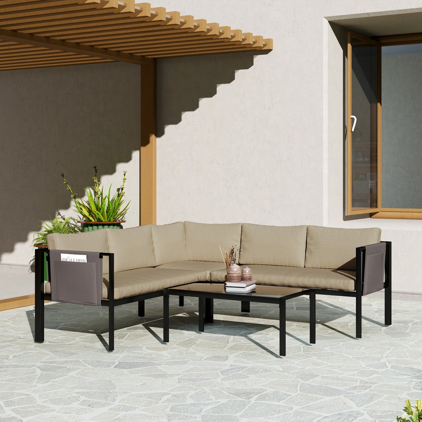 5 Seater Garden Corner Sofa Set, 4 Pieces Metal Garden Furniture Set with Loveseats, Glass Top Coffee Table, Breathable Mesh Pocket, Outdoor Conversation Furniture with Cushions, Khaki