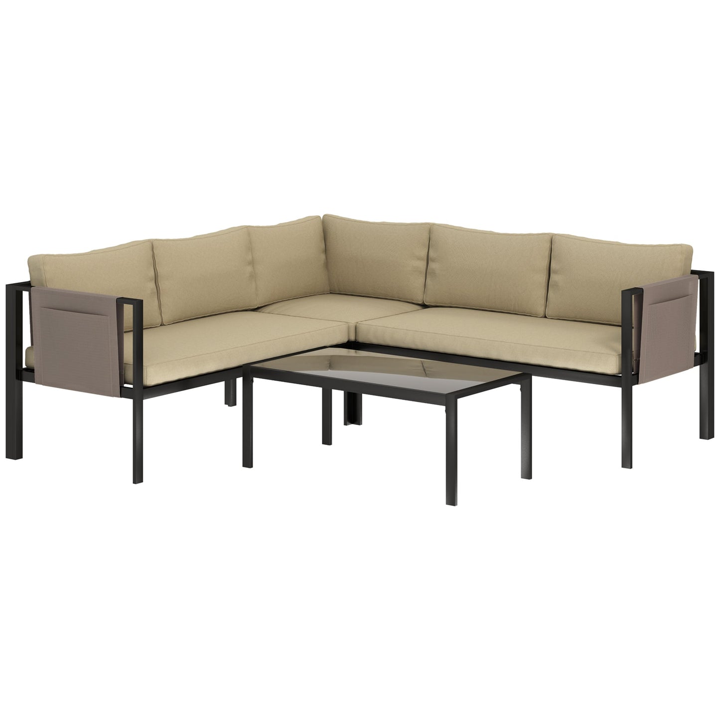 5 Seater Garden Corner Sofa Set, 4 Pieces Metal Garden Furniture Set with Loveseats, Glass Top Coffee Table, Breathable Mesh Pocket, Outdoor Conversation Furniture with Cushions, Khaki