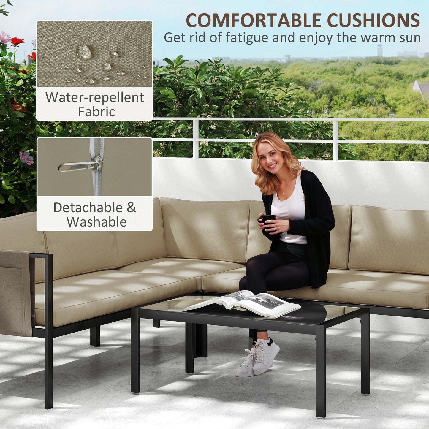 5 Seater Garden Corner Sofa Set, 4 Pieces Metal Garden Furniture Set with Loveseats, Glass Top Coffee Table, Breathable Mesh Pocket, Outdoor Conversation Furniture with Cushions, Khaki