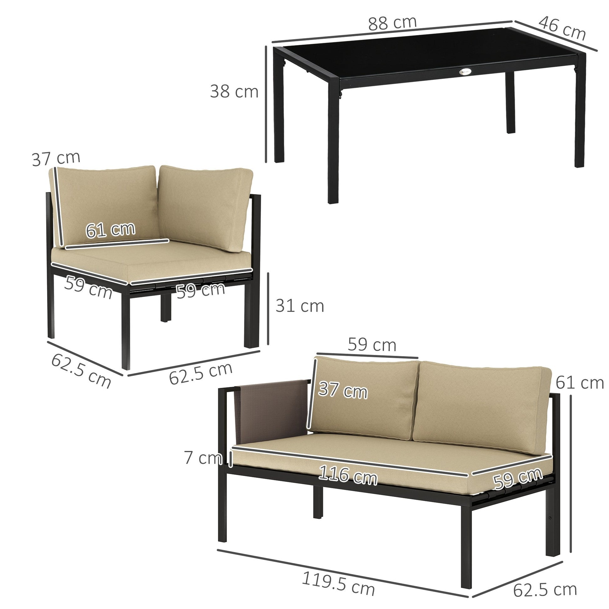 5 Seater Garden Corner Sofa Set, 4 Pieces Metal Garden Furniture Set with Loveseats, Glass Top Coffee Table, Breathable Mesh Pocket, Outdoor Conversation Furniture with Cushions, Khaki