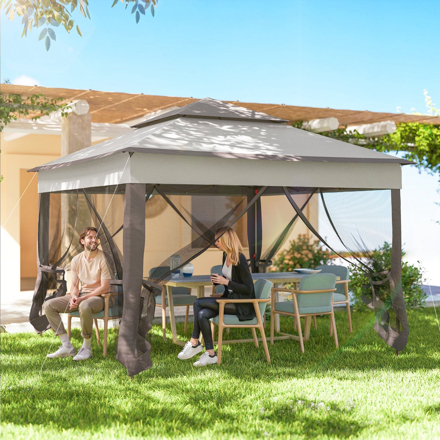3 x 3(m) Pop Up Gazebo, Marquee Party Tent with Double Tier Roof, Netting and Carry Bag, Event Shelter for Outdoor Patio, Light Grey