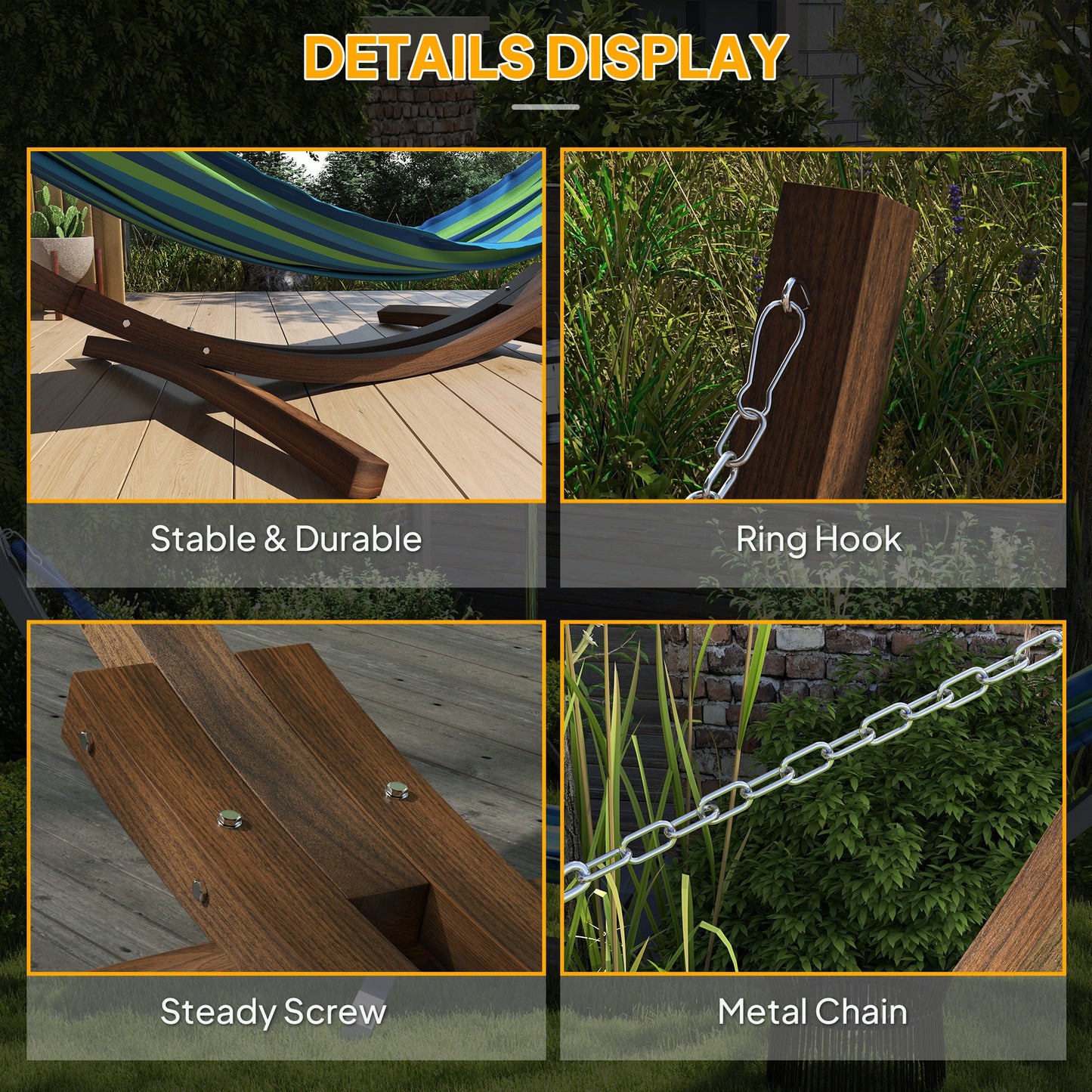3(m) Wooden Hammock Stand, 1 Person Hammock Frame with Chain and Safety Buckles, Pine Wood Arc Stand for Garden, Patio, Outdoor and Indoor, Brown