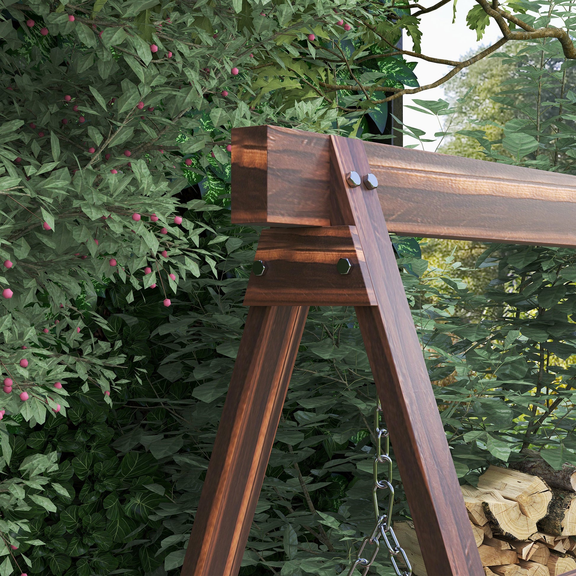 3 Seater Garden Swing Seat, Wooden Swing Chair Bench with Side Tables and Metal Chains, for Outdoor Porch Patio, Carbonised Brown