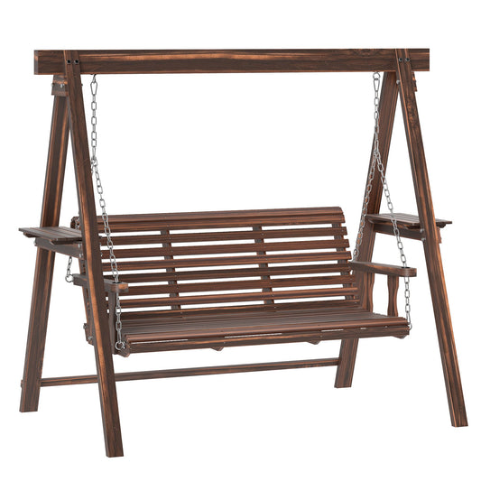 3 Seater Garden Swing Seat, Wooden Swing Chair Bench with Side Tables and Metal Chains, for Outdoor Porch Patio, Carbonised Brown