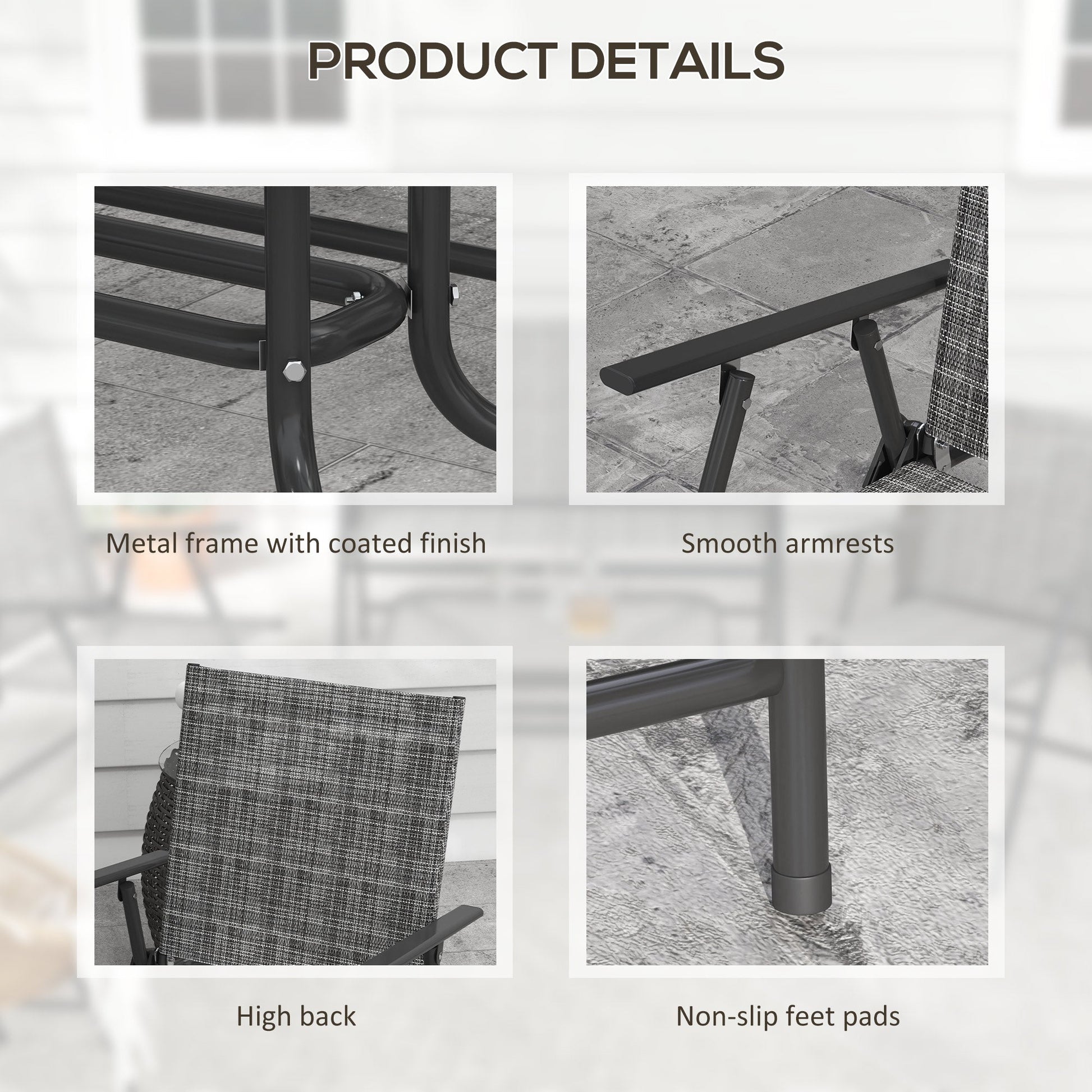 Outdoor 4 Pieces Patio Furniture Set with Breathable Mesh Fabric Seat & Backrest, Garden Set with Two Foldable Armchairs, a Loveseat & Glass Top Table, Mixed Grey