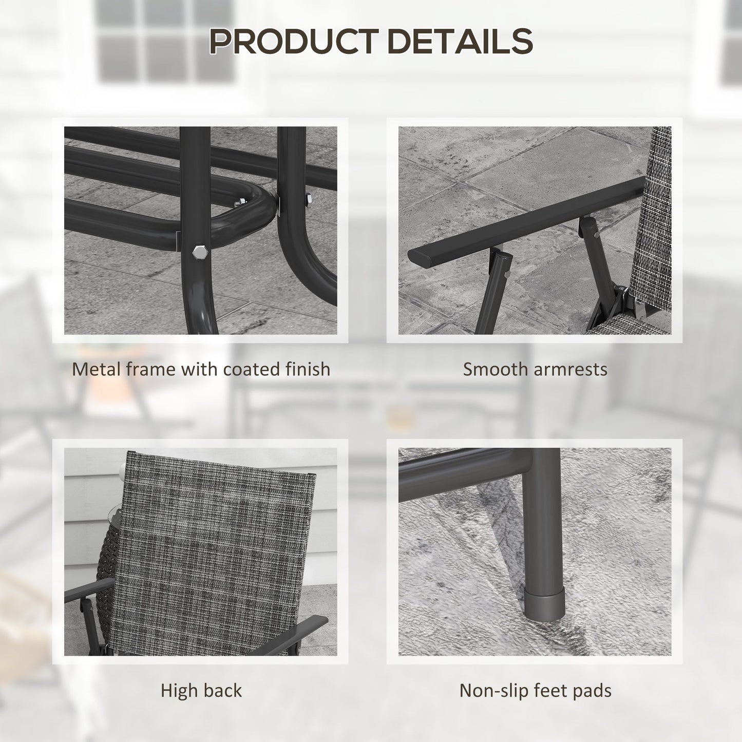 Outdoor 4 Pieces Patio Furniture Set with Breathable Mesh Fabric Seat & Backrest, Garden Set with Two Foldable Armchairs, a Loveseat & Glass Top Table, Mixed Grey