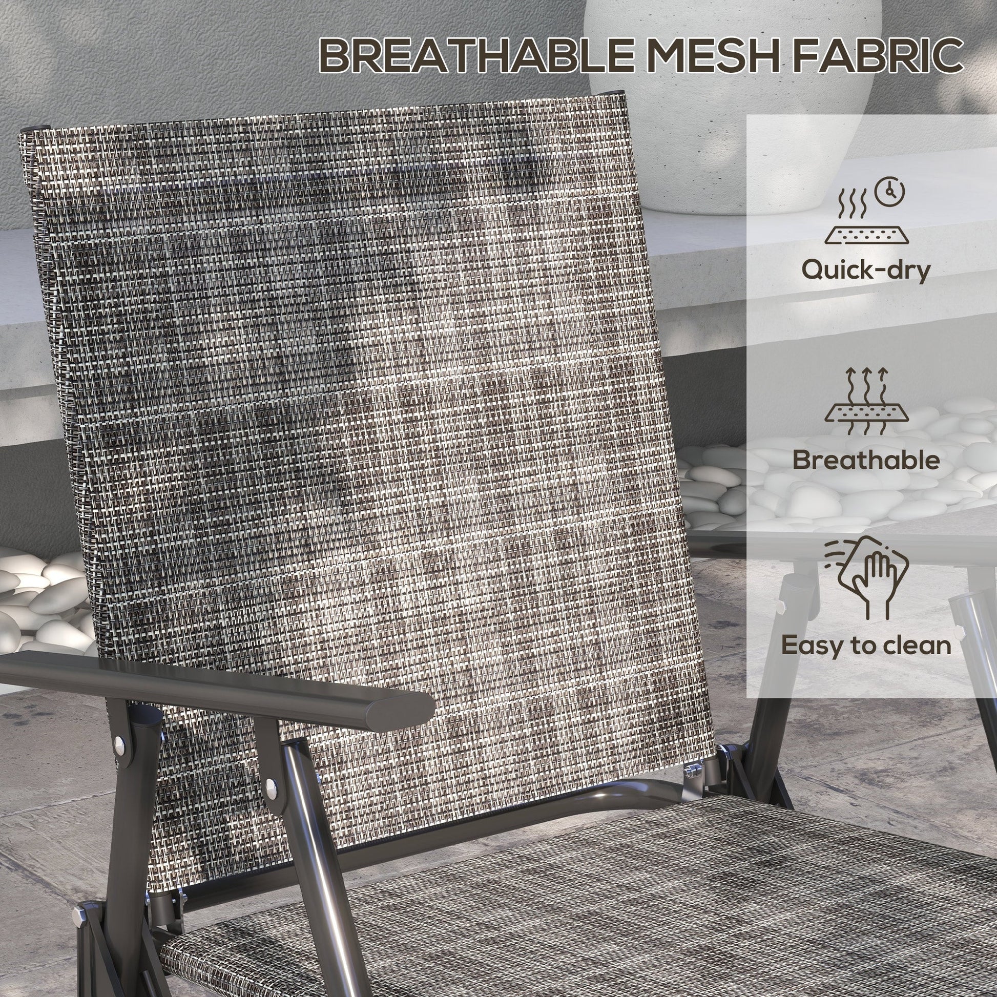 Outdoor 4 Pieces Patio Furniture Set with Breathable Mesh Fabric Seat & Backrest, Garden Set with Two Foldable Armchairs, a Loveseat & Glass Top Table, Mixed Grey