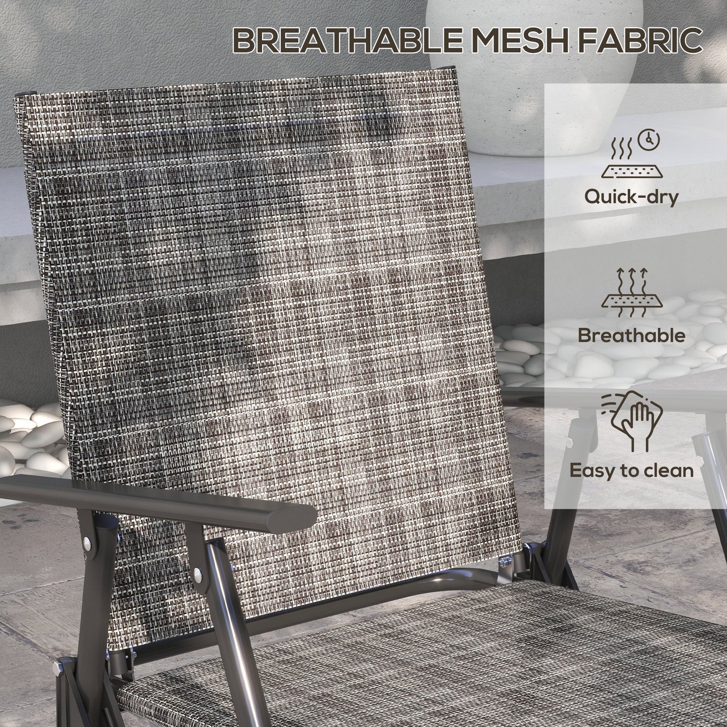 Outdoor 4 Pieces Patio Furniture Set with Breathable Mesh Fabric Seat & Backrest, Garden Set with Two Foldable Armchairs, a Loveseat & Glass Top Table, Mixed Grey