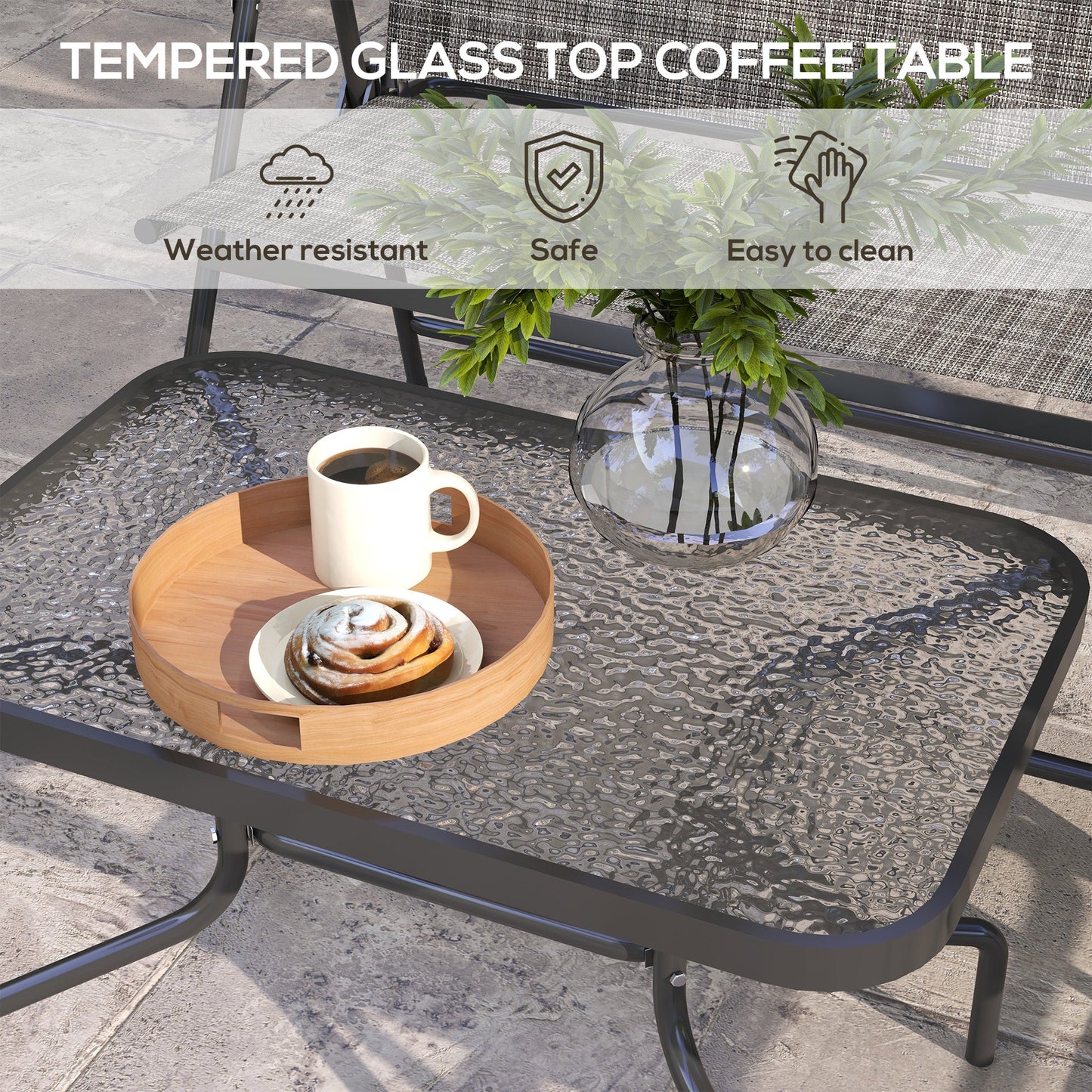 Outdoor 4 Pieces Patio Furniture Set with Breathable Mesh Fabric Seat & Backrest, Garden Set with Two Foldable Armchairs, a Loveseat & Glass Top Table, Mixed Grey