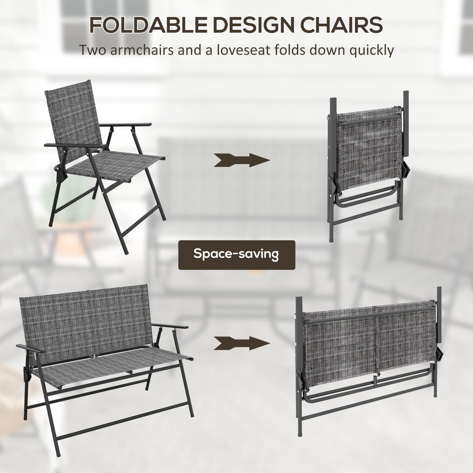 Outdoor 4 Pieces Patio Furniture Set with Breathable Mesh Fabric Seat & Backrest, Garden Set with Two Foldable Armchairs, a Loveseat & Glass Top Table, Mixed Grey