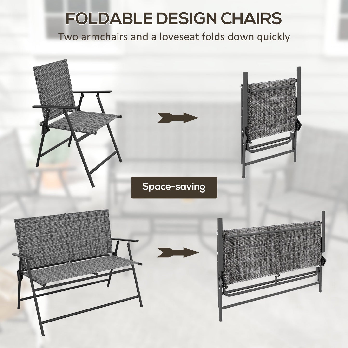 Outdoor 4 Pieces Patio Furniture Set with Breathable Mesh Fabric Seat & Backrest, Garden Set with Two Foldable Armchairs, a Loveseat & Glass Top Table, Mixed Grey