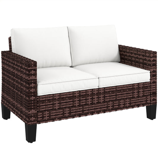 2 Seater Rattan Sofa with Cushions, Wicker Garden Loveseat with Armrests, Outdoor Garden Sofa Couch with Steel Frame for Balcony, Porch, Brown