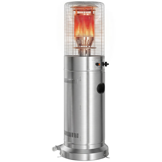 Gas Patio Heater, 13 kW Stainless Steel Portable Propane Outdoor Heater with Stepless Heat Control, Pulse Ignition, Protective Mesh, Tip-over Protection, 2 Wheels for Garden, Silver
