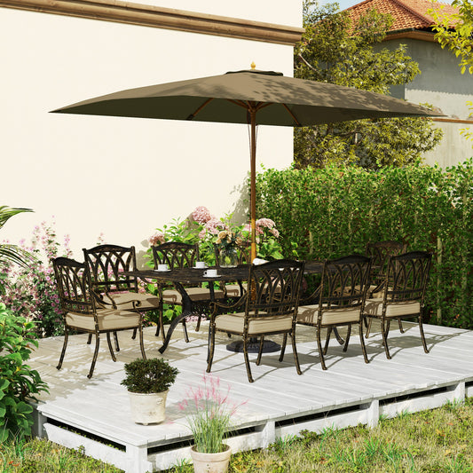 9 Pieces Cast Aluminium Garden Dining Set, 8 Seater Garden Table and Chairs with Parasol Hole, Outdoor Garden Furniture Set with Cushions for Patio, Bronze Tone