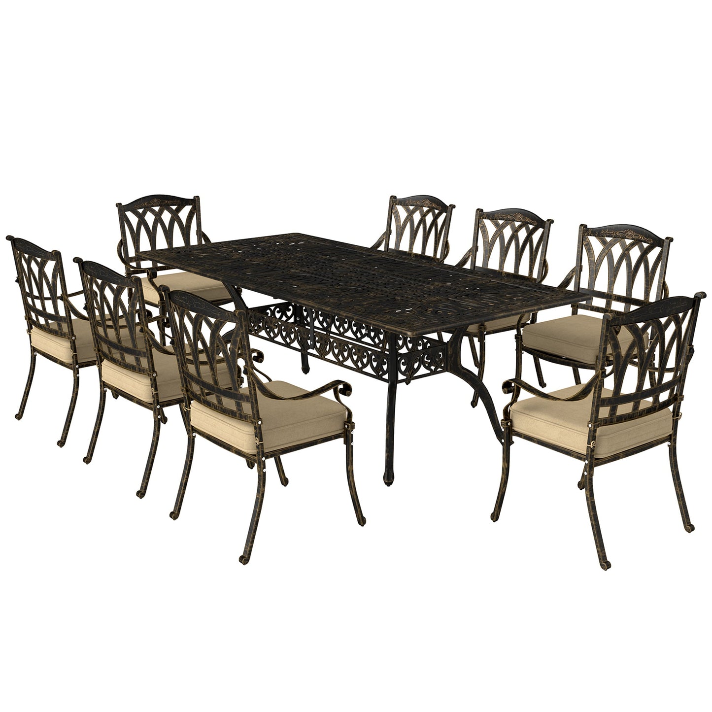 9 Pieces Cast Aluminium Garden Dining Set, 8 Seater Garden Table and Chairs with Parasol Hole, Outdoor Garden Furniture Set with Cushions for Patio, Bronze Tone