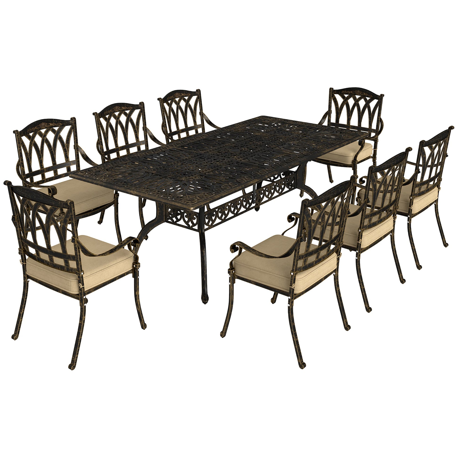 9 Pieces Cast Aluminium Garden Dining Set, 8 Seater Garden Table and Chairs with Parasol Hole, Outdoor Garden Furniture Set with Cushions for Patio, Bronze Tone