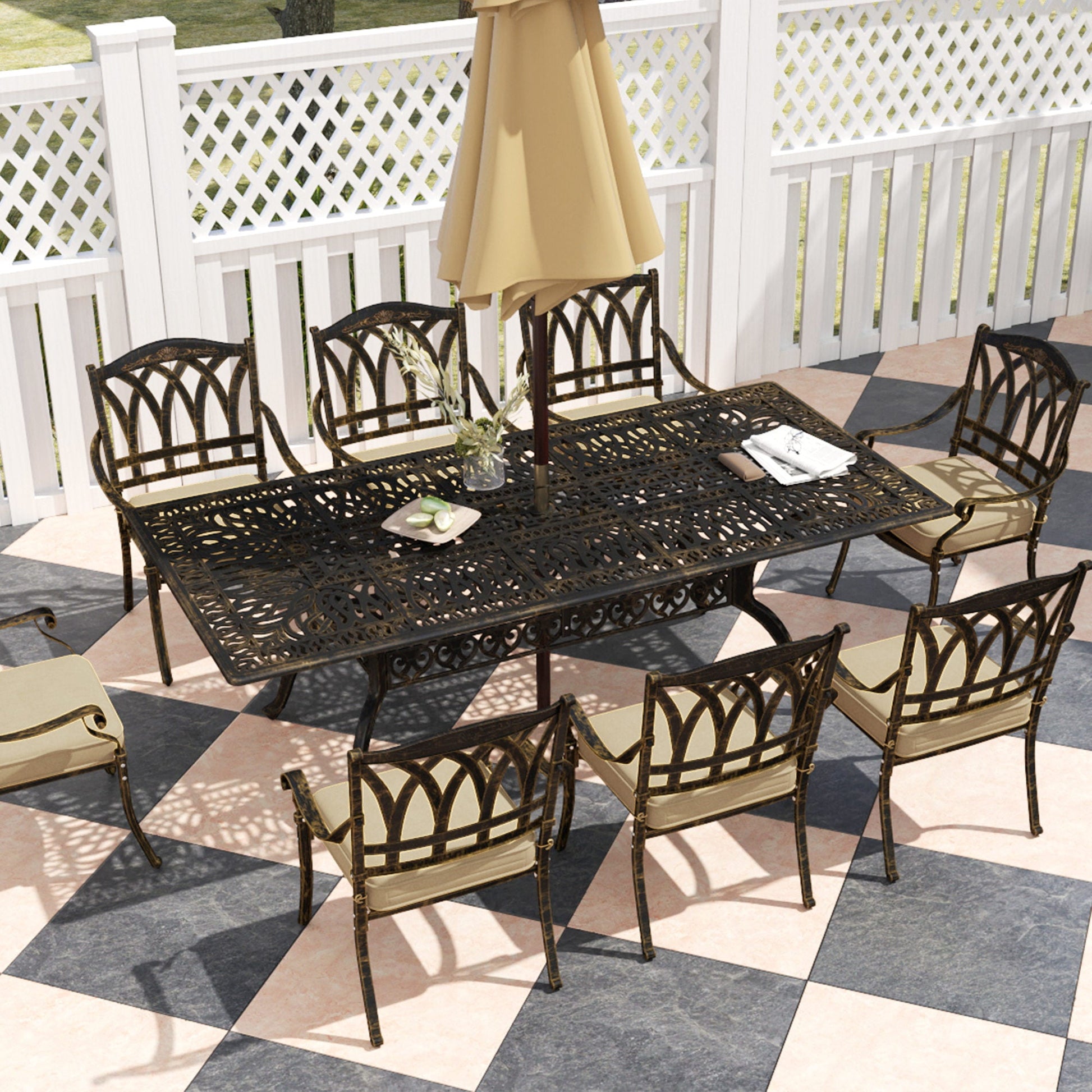 9 Pieces Cast Aluminium Garden Dining Set, 8 Seater Garden Table and Chairs with Parasol Hole, Outdoor Garden Furniture Set with Cushions for Patio, Bronze Tone