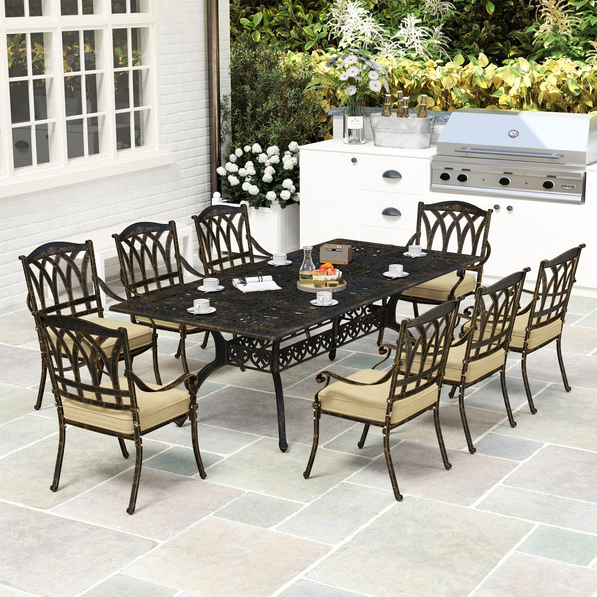 9 Pieces Cast Aluminium Garden Dining Set, 8 Seater Garden Table and Chairs with Parasol Hole, Outdoor Garden Furniture Set with Cushions for Patio, Bronze Tone