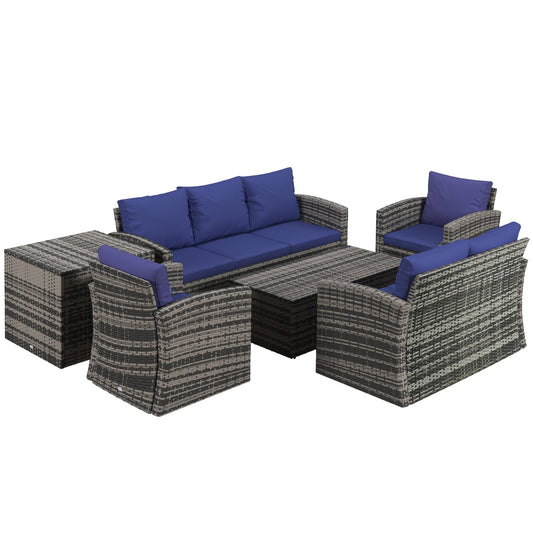 6 Pieces Rattan Garden Furniture Set, 7 Seater Wicker Outdoor Furniture Set with Storage Tea Table & Side Table, Sectional Garden Sofa Set with Cushions, Navy Blue